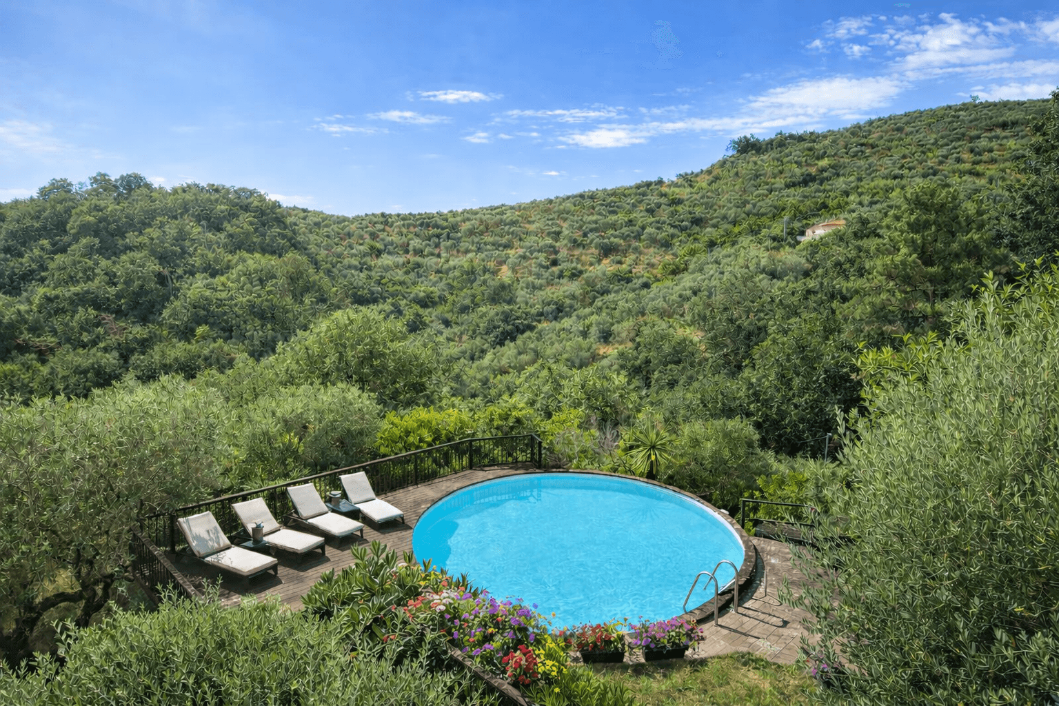 Infinity swimming pool at Aura Toscana overlooking panoramic views of Tuscan countryside and olive groves